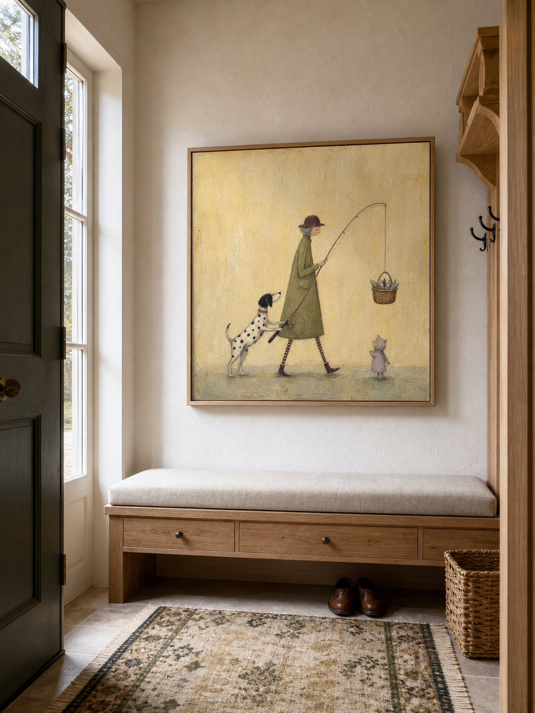 Whimsical Dog Fishing Painting For Kids Room Vintage Style Square Canvas Art