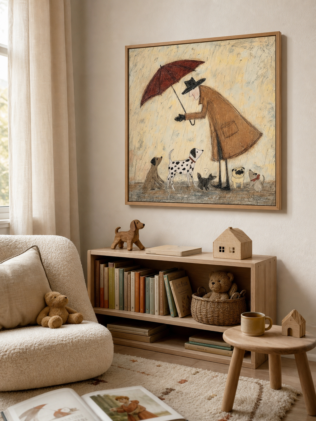 Whimsical Man With Dogs Under Umbrella Minimalist Beige Square Canvas Art