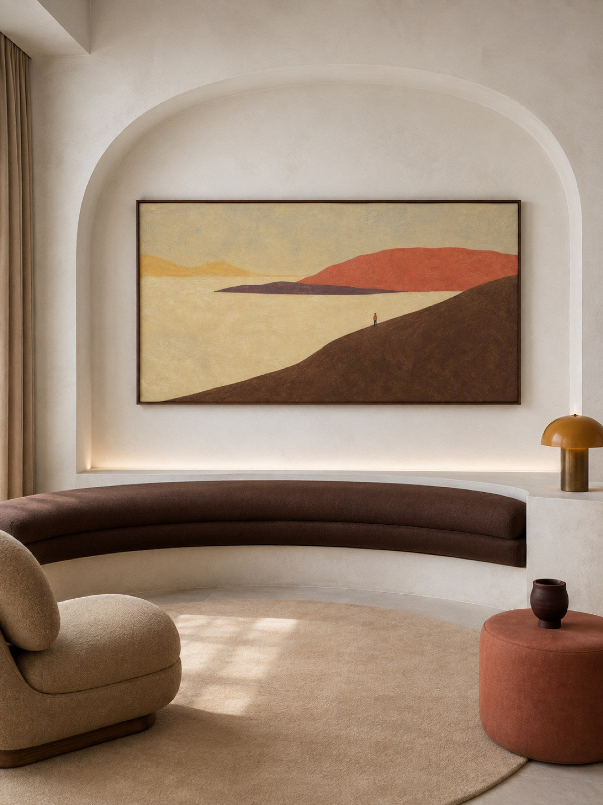 Hand-Painted Rust Red Lake Landscape Canvas Wall Art With Small Lone Figure