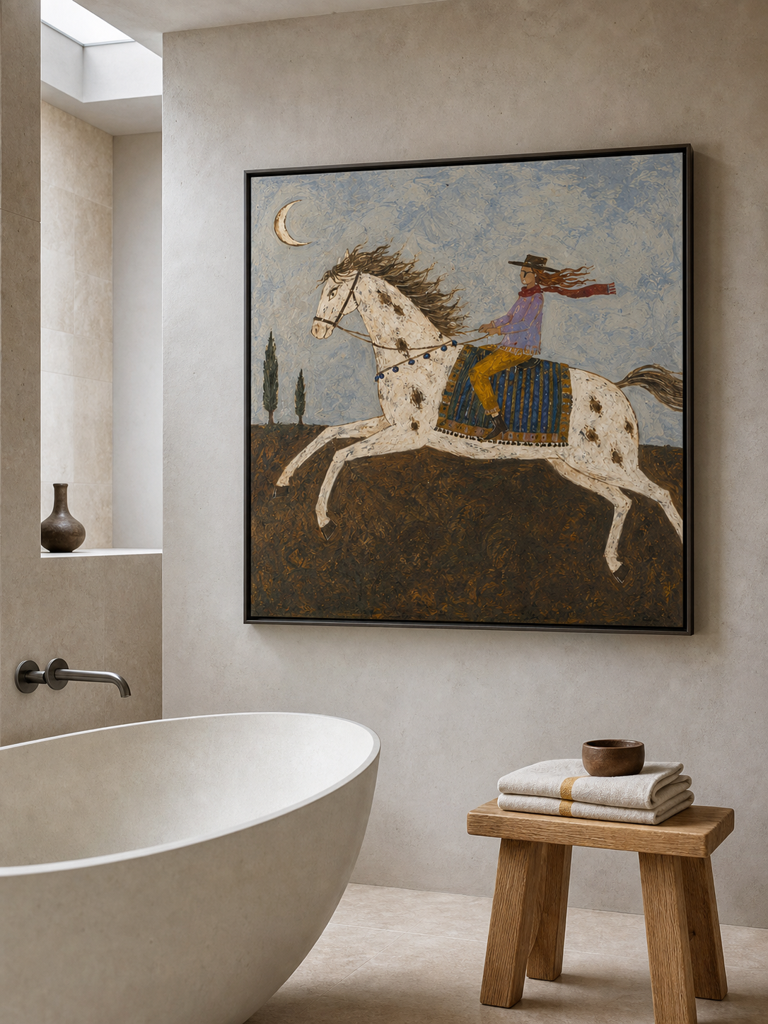 Hand Painted White Horse Night Ride Painting Western Folk Wall Art Bohemian Equestrian Artwork