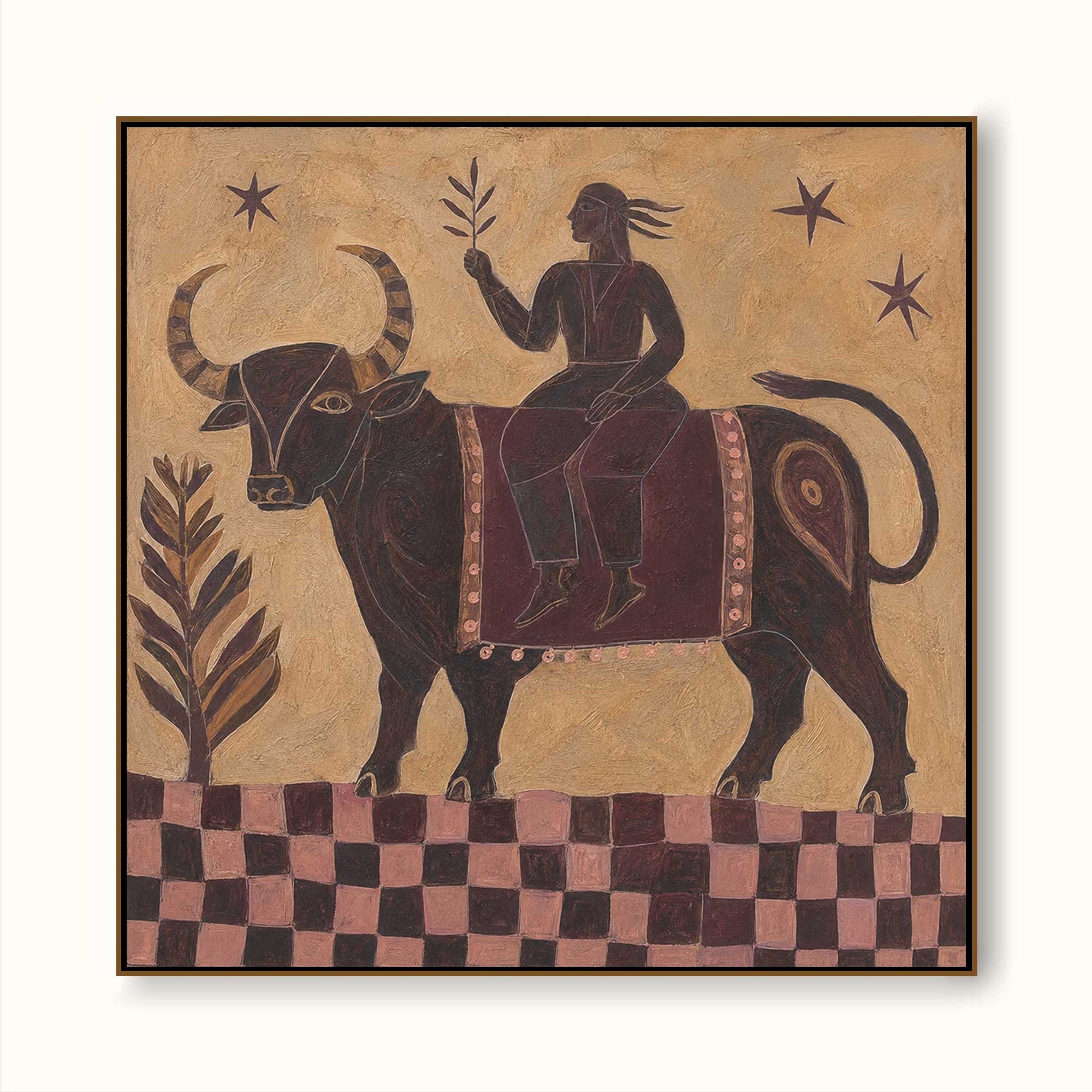 Hand Painted Mythic Bull Rider Painting Bohemian Folk Animal Wall Art Naive Southwestern Artwork