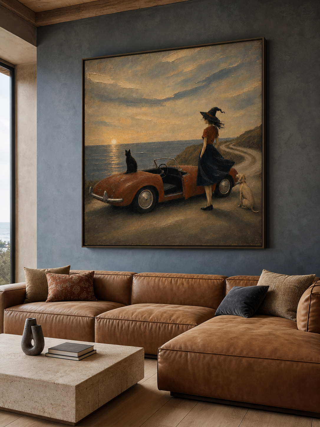Large Vintage Coastal Wall Art Surrealist Oil Painting Whimsical Witch