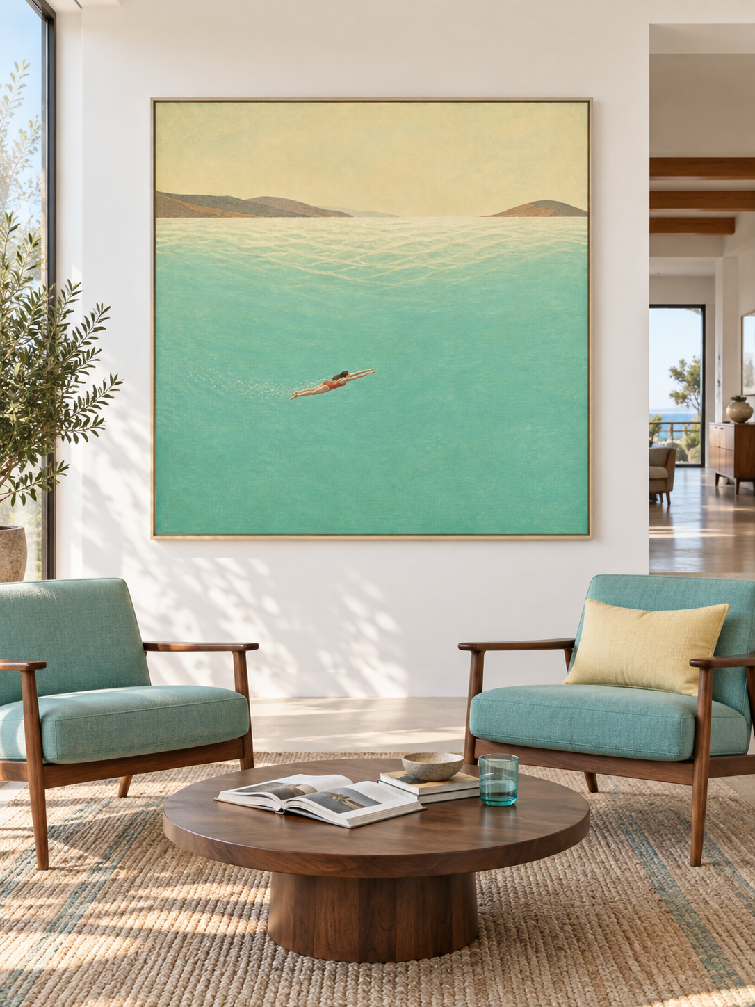 Minimalist Diving Art Original Oil Painting Beige And Green Tones