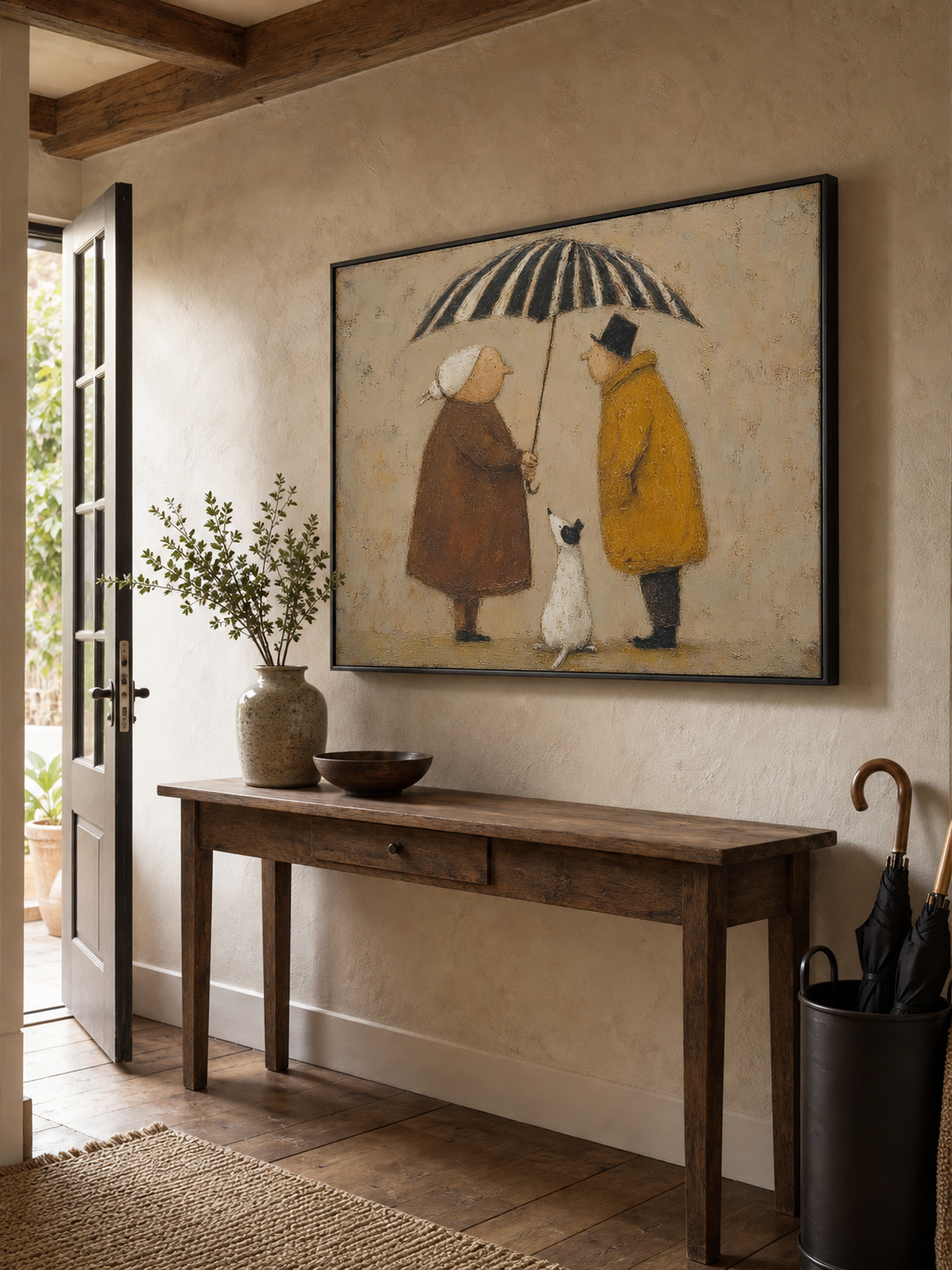 Vintage Style Oil Painting Of Couple With Dog Under Striped Umbrella For Cozy Home Decor