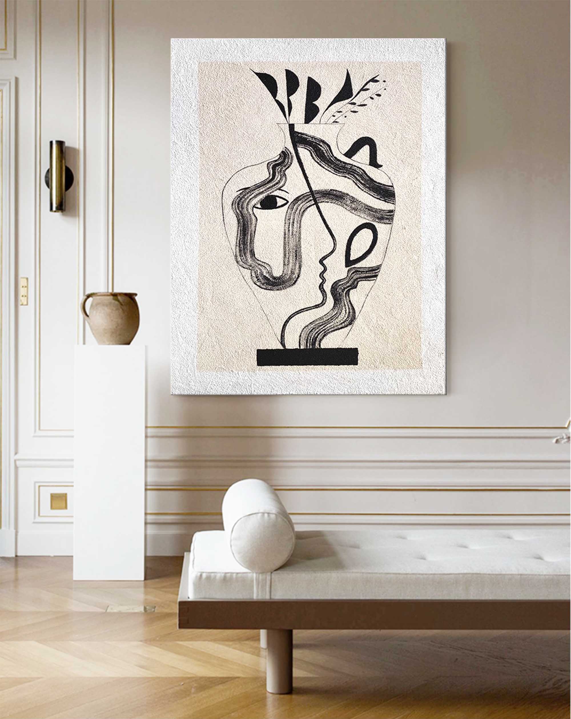 Texture Vintage Minimalist Art Beige Black White Acrylic Minimalist Canvas Painting
