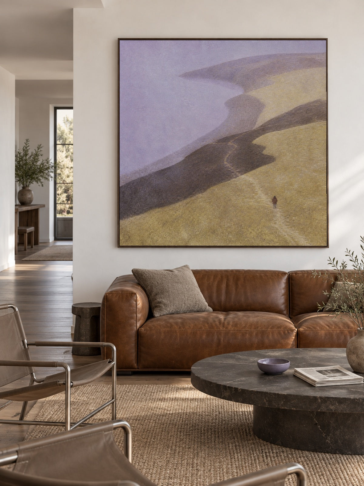 Minimalist Coastal Landscape Canvas Painting With Solitary Figure In Beige And Purple