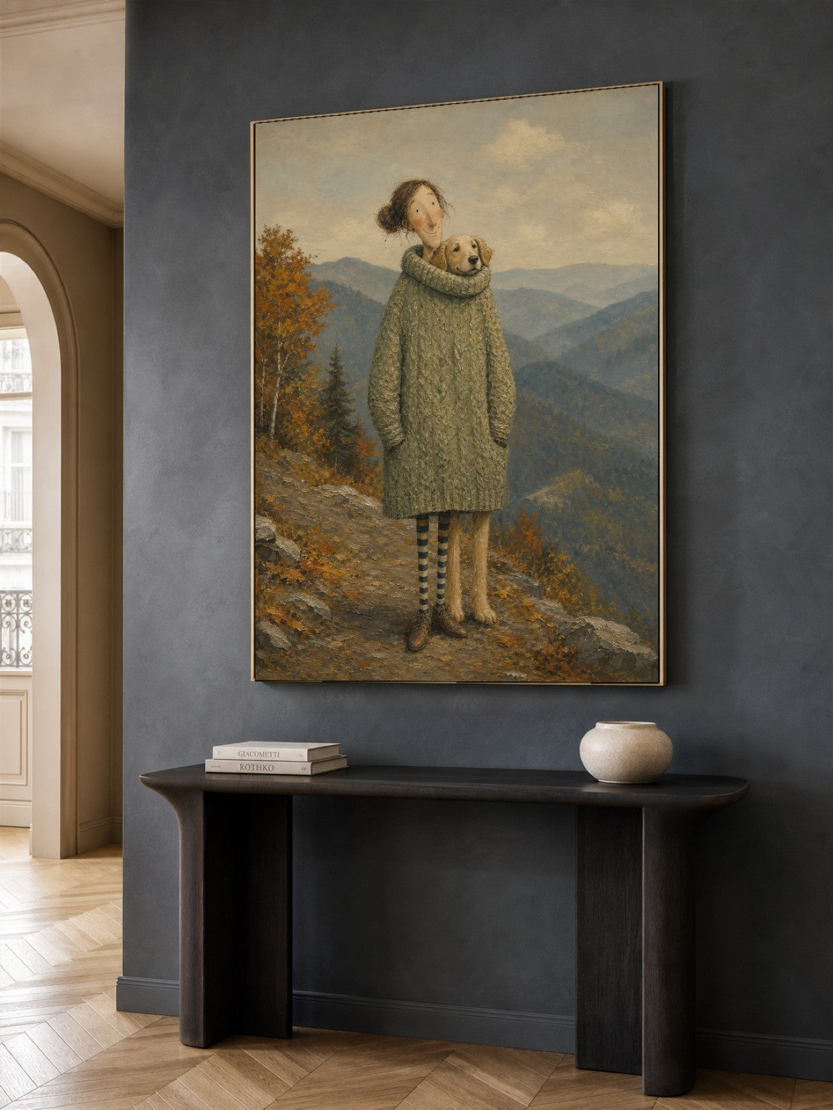 Vintage Woman And Dog Travel Painting For Cozy Living Room Decor