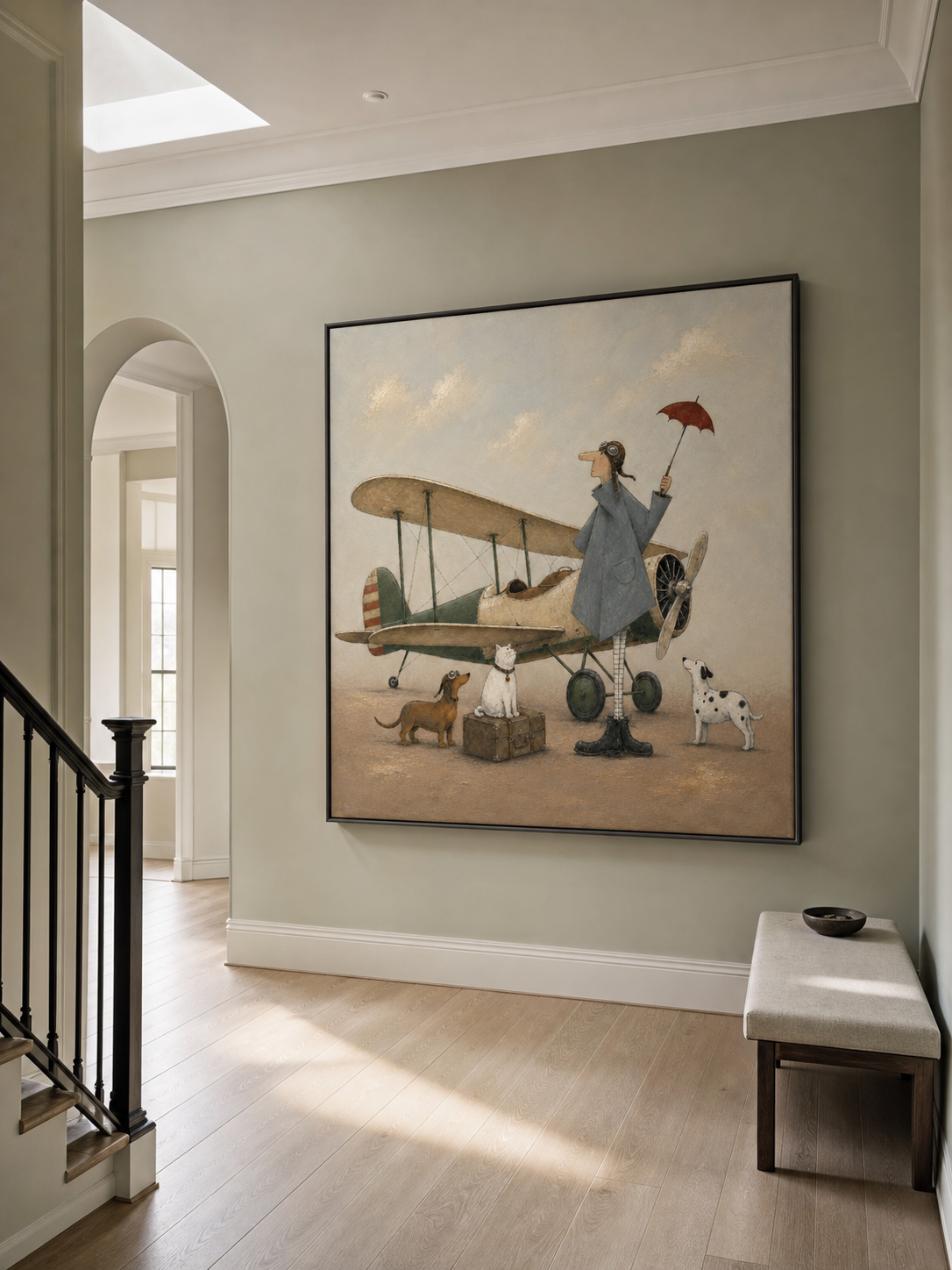 Minimalist Vintage Airplane Canvas Painting Handmade Retro Pilot With Dogs Art