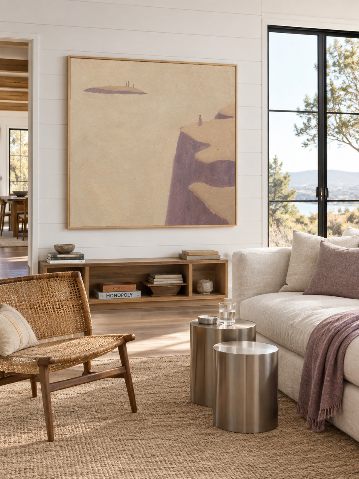 Soft Mauve Cliffside Canvas Art With Lone Figure For Romantic Bedroom Decor
