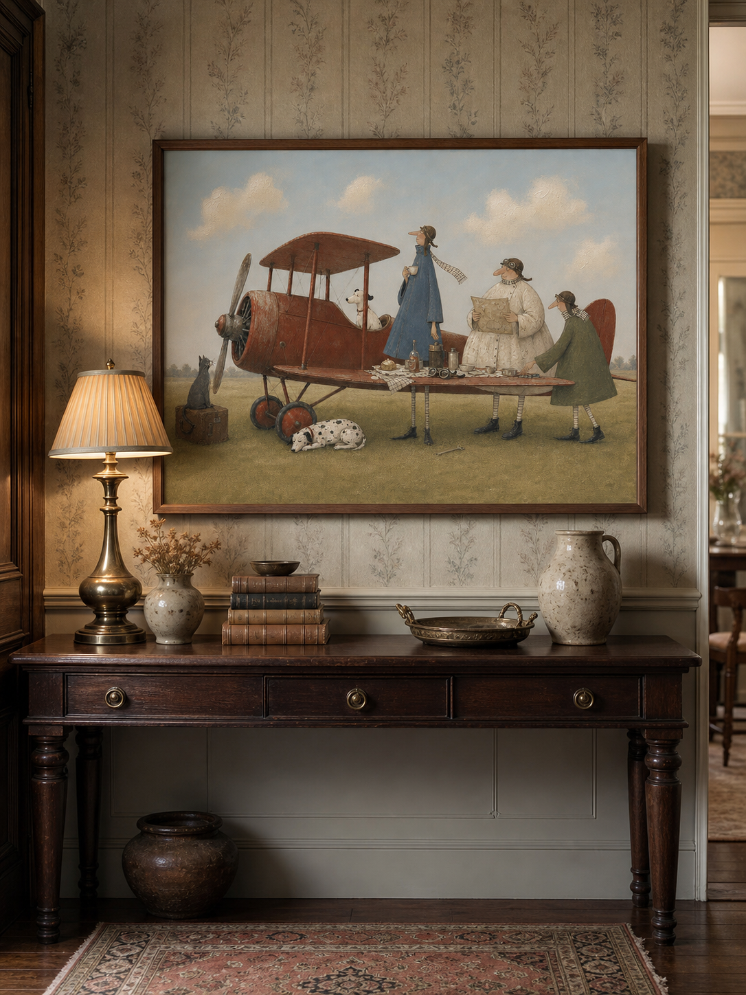 Vintage Airplane Picnic Painting Original Wall Art For Living Room Travel Theme Decor