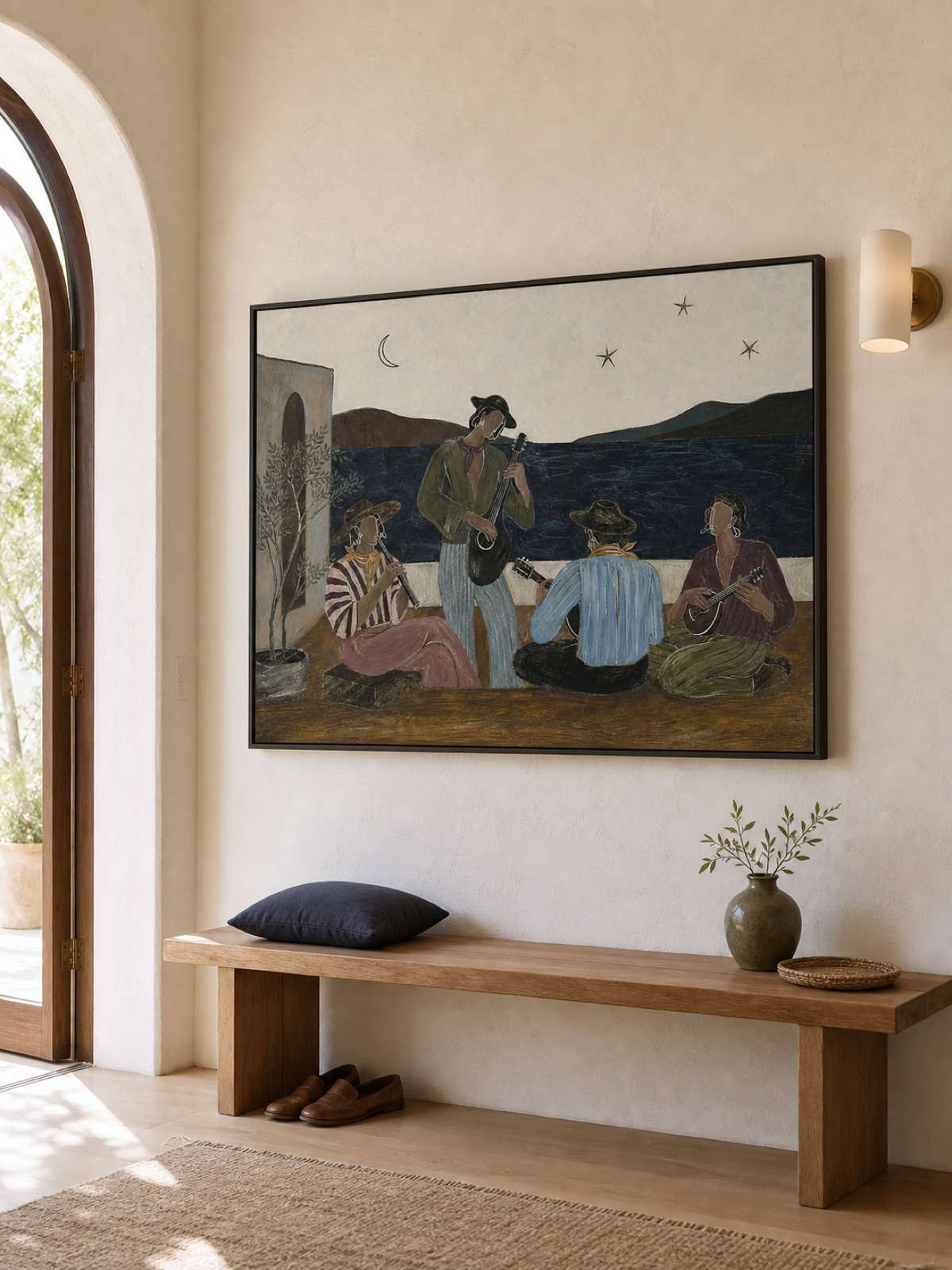 Original Hand Painted Mediterranean Folk Music Painting Vintage Figurative Wall Art