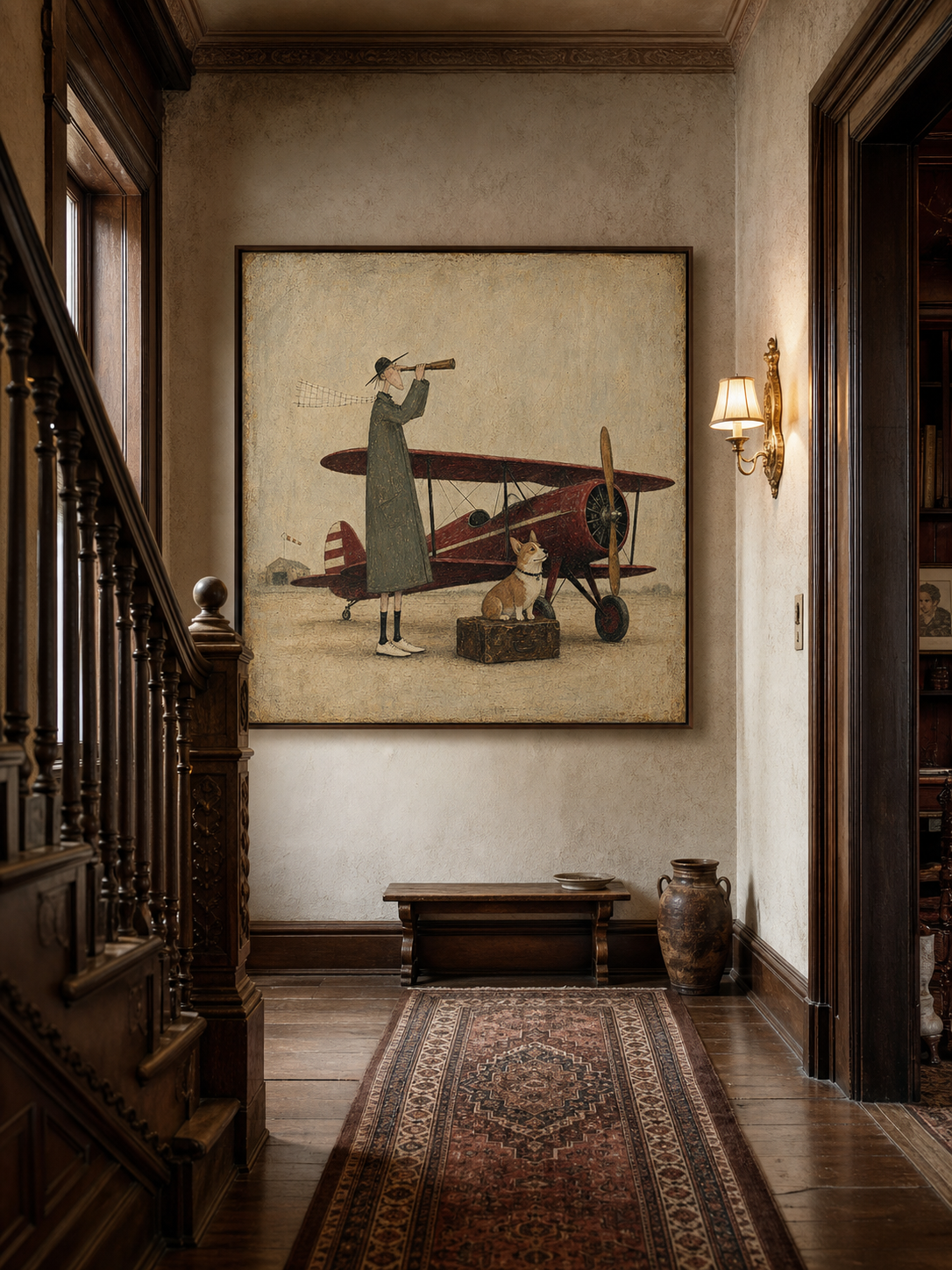 Vintage Airplane And Dog Painting For Travel Lovers Home Decor Art