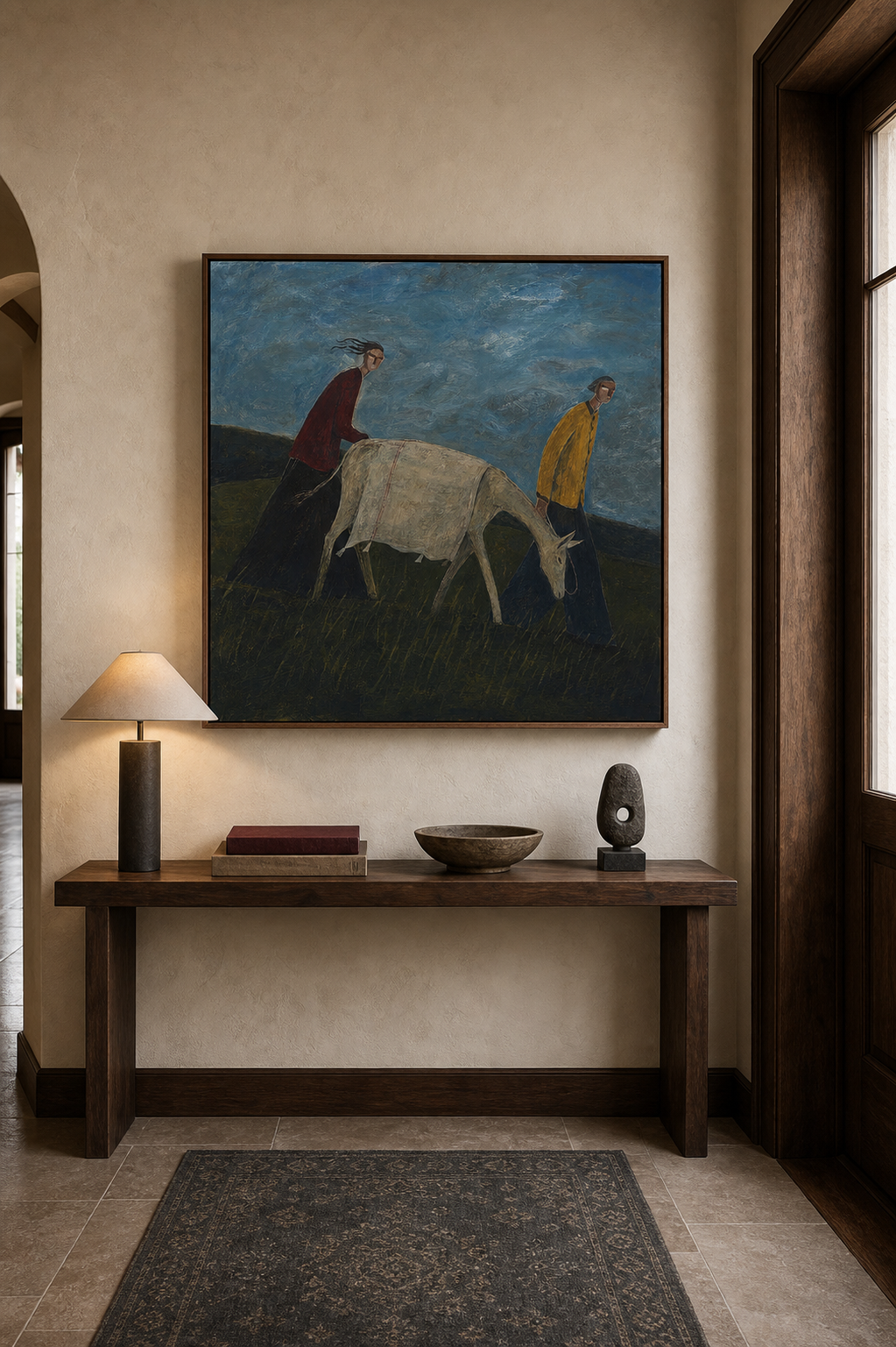 Vintage Folk Painting With People And Animal In Countryside Scene For Rustic Home Decor