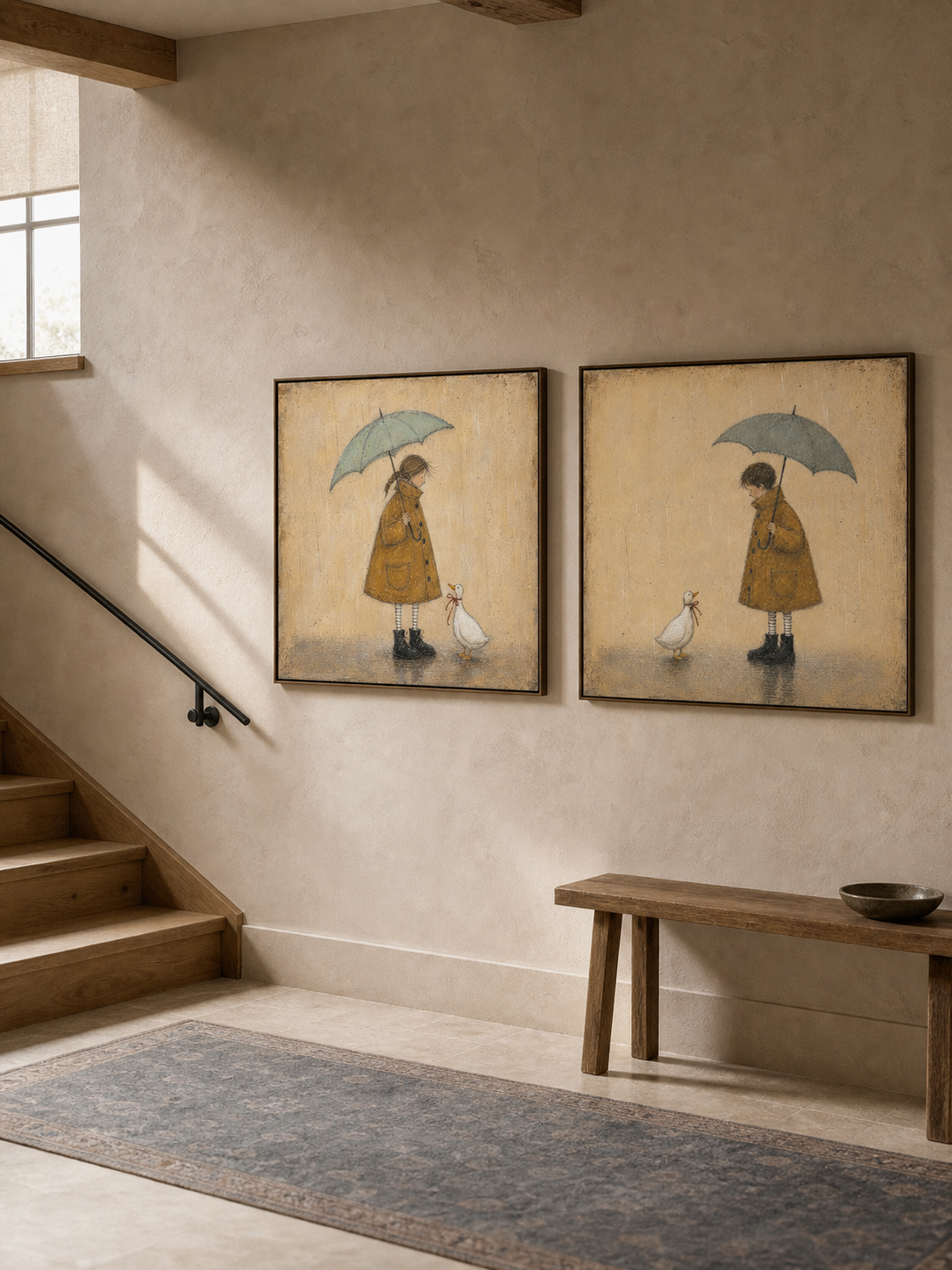 Hand Painted Umbrella Girl And Duck Diptych Whimsical Rainy Day Wall Art