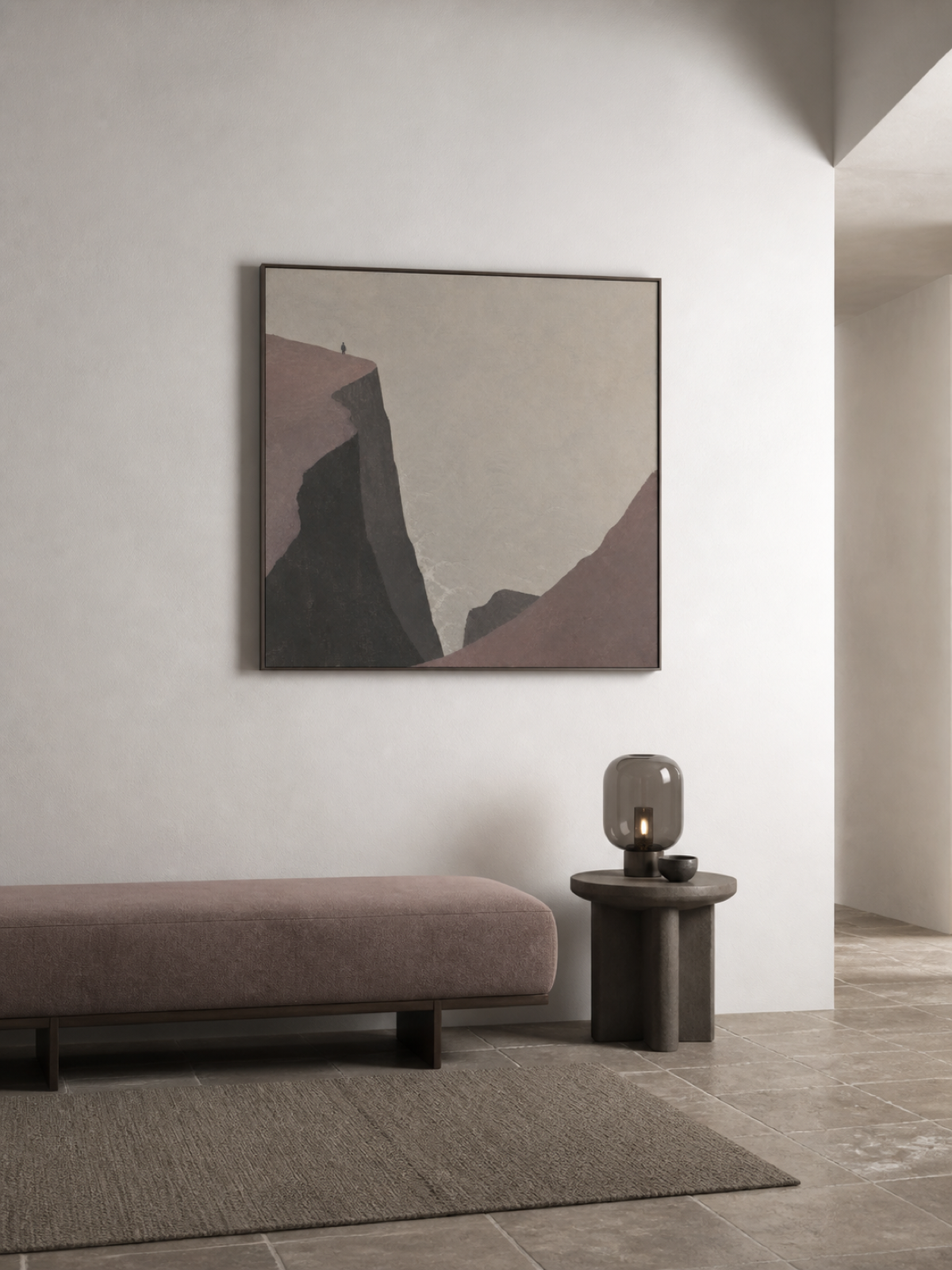Coastal Cliff Figure Hand-Painted Canvas Art In Beige And Gray Tones