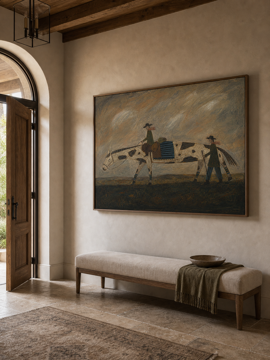 Vintage Western Horse And People Painting For Rustic Living Room Wall Art Decor
