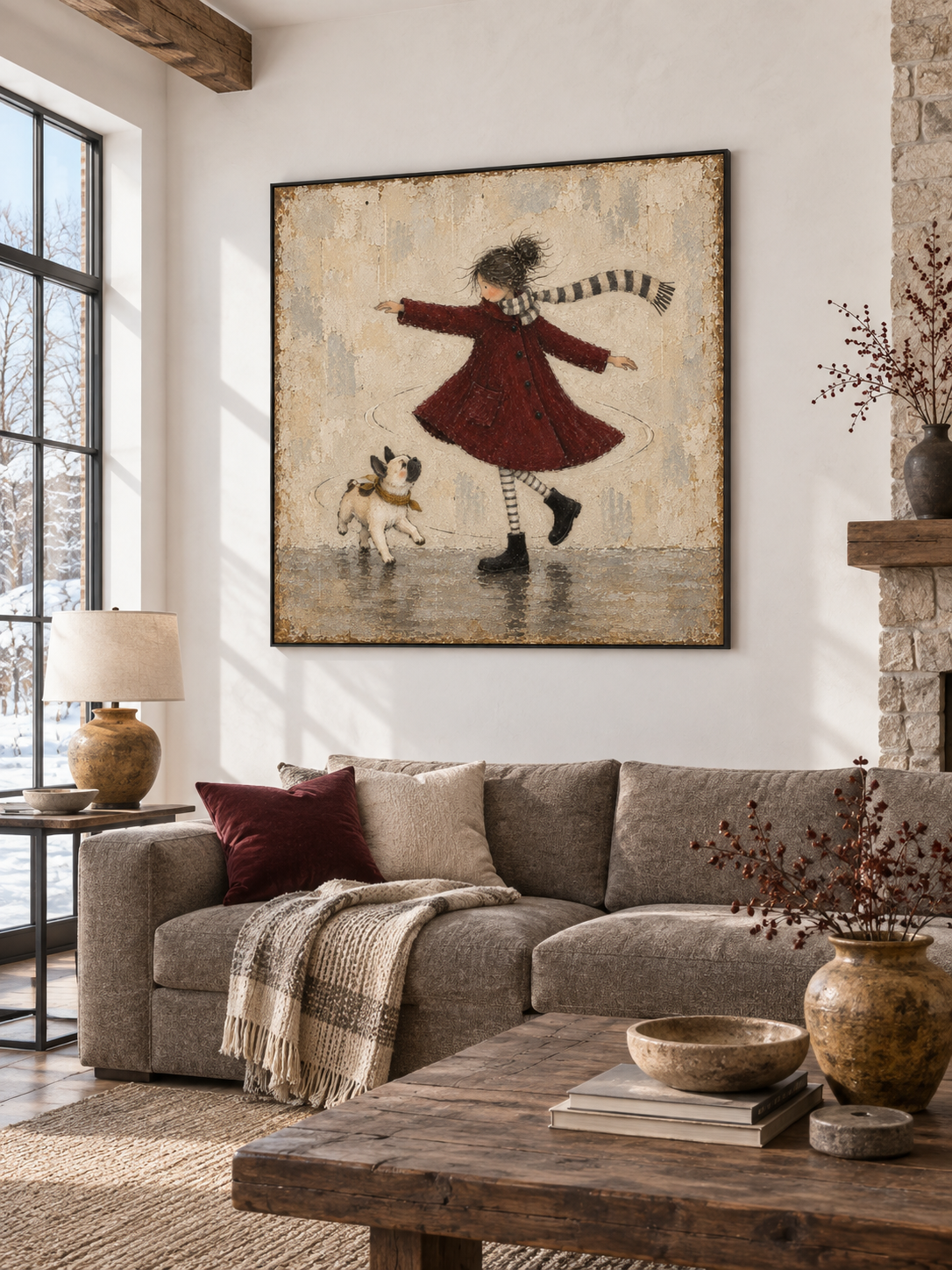 Girl And French Bulldog Dancing Canvas Painting Hand-Painted Wall Art