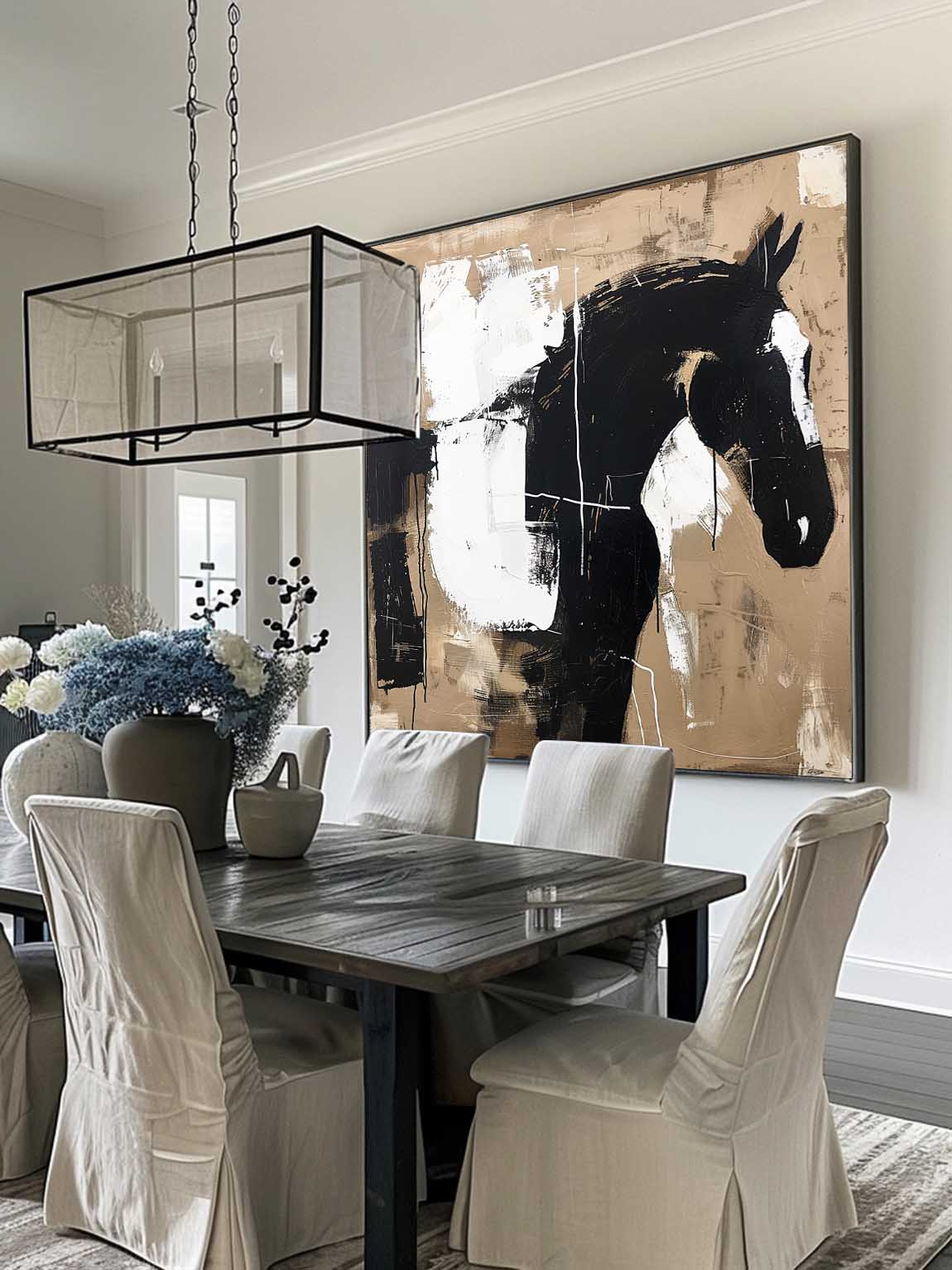 Vintage White Horse Oil Painting Black and White Abstract Horse Oil Painting on Canvas Black Abstract Painting