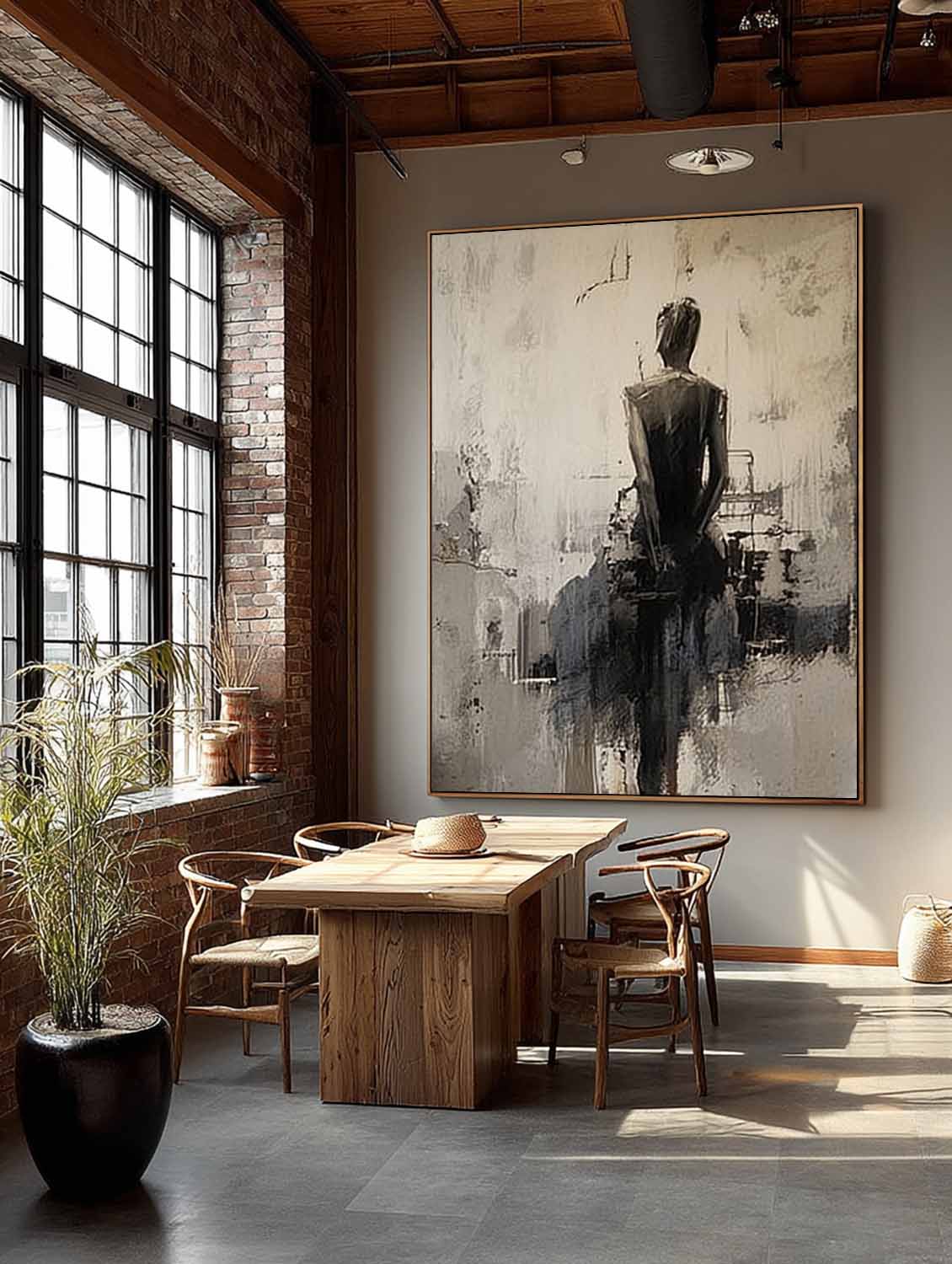 Minimalist Abstract Lady Canvas Artwork Handmade Black And Beige Lady Oil Painting Handmade Abstract Woman In Black Dress Oil Painting