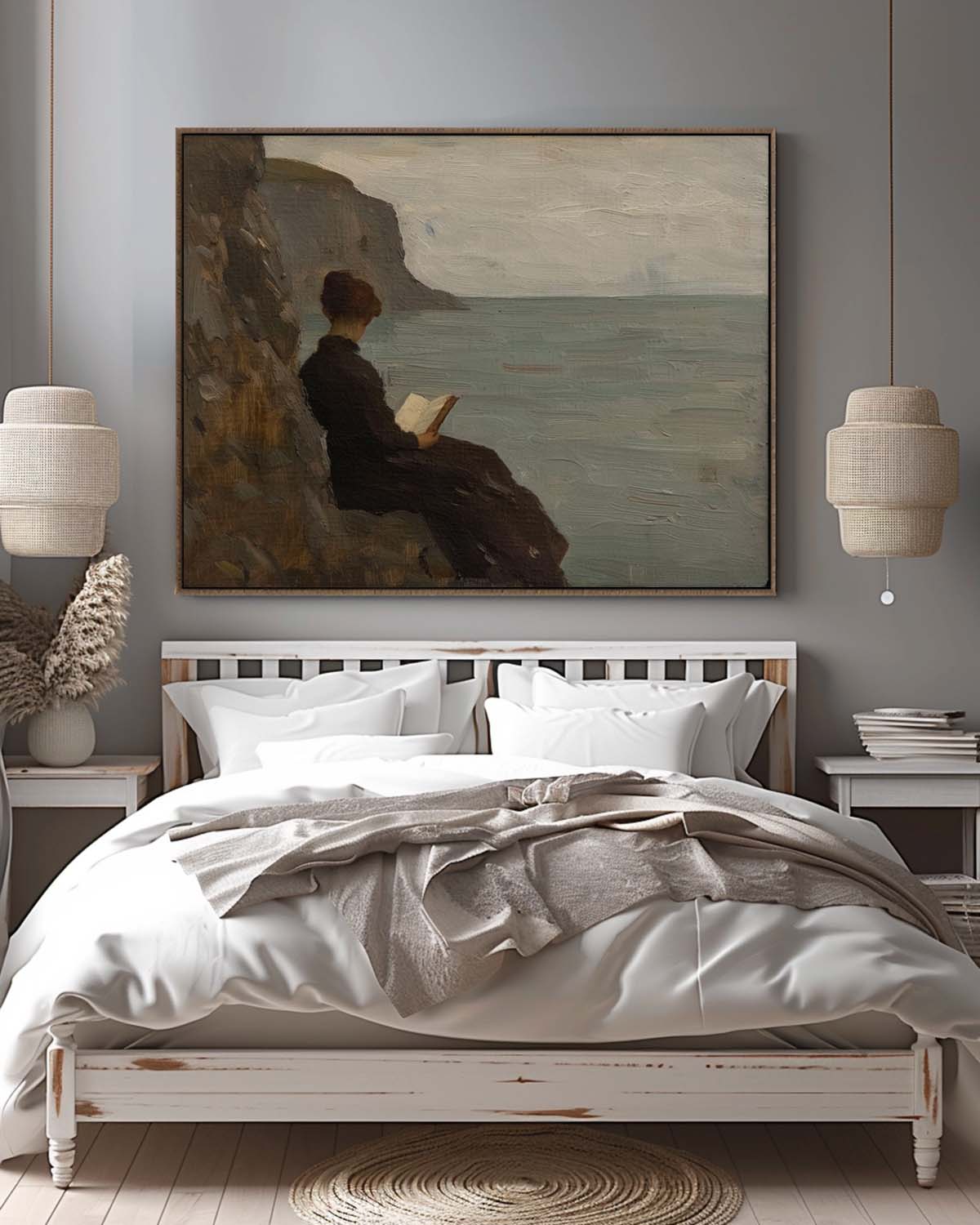 Original Moody Dark Seaside Beach Art Coastal Wall Reading Book Decor Woman Reading In The Beach Wall Art