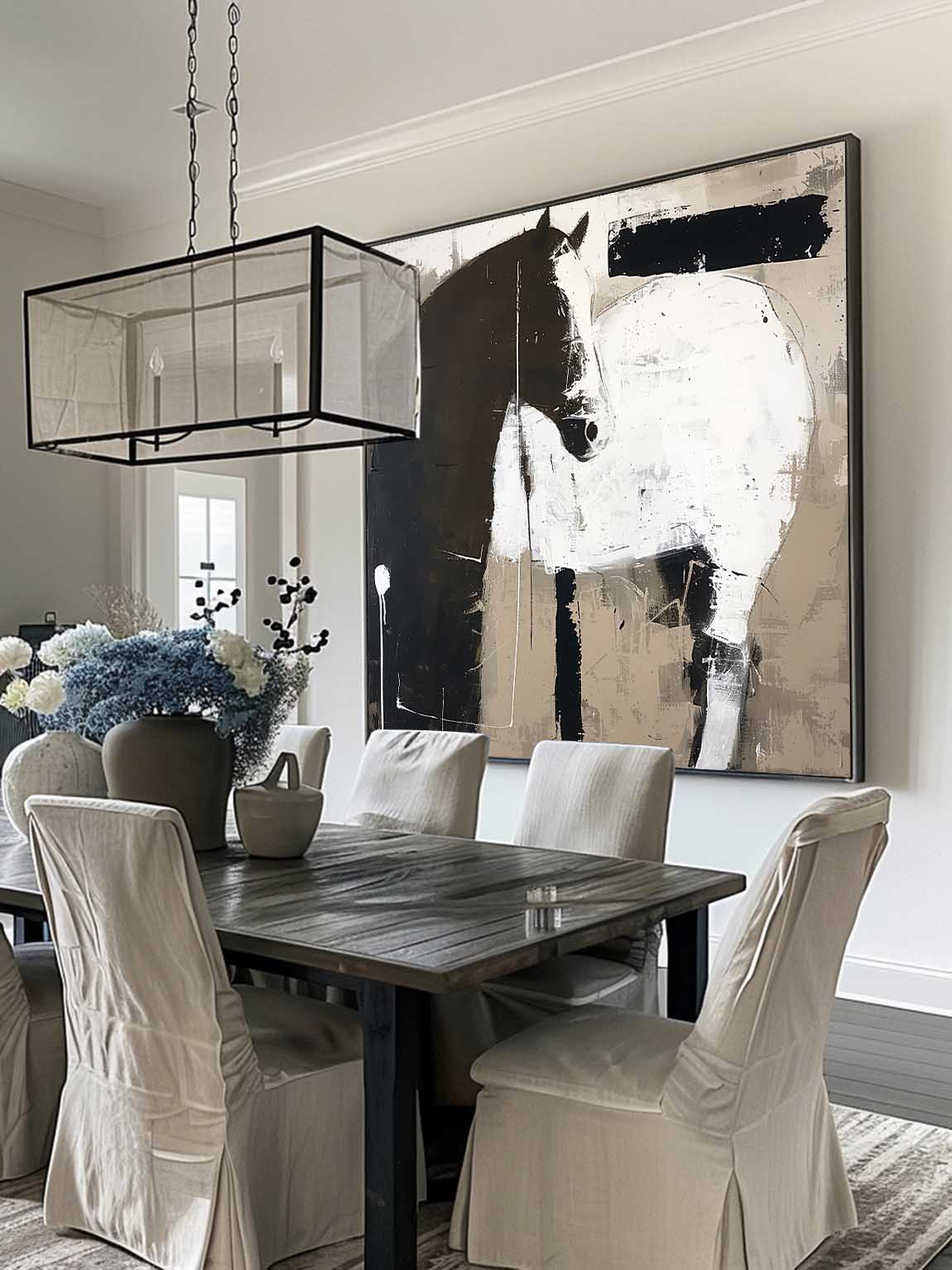 Vintage Horse Painting Large Oil Painting Horse Wall Art Original Retro Black Horse Oil Painting