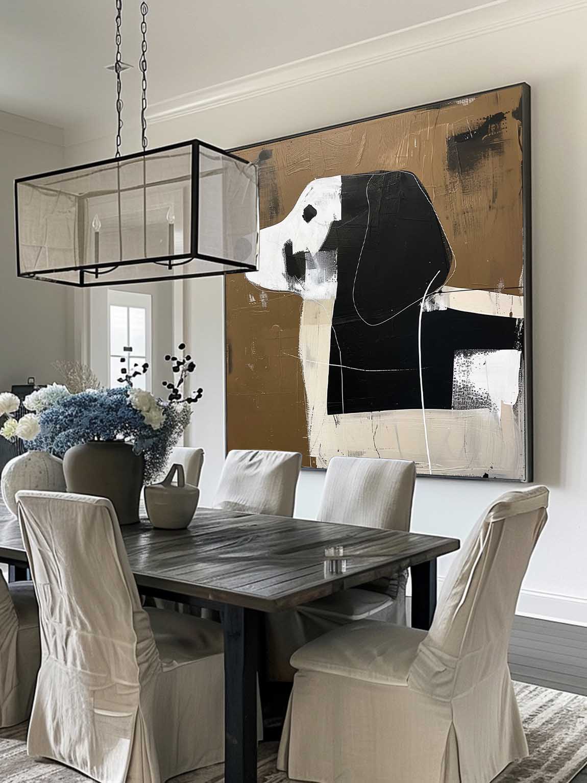 Vintage Black and White Dog Original Oil Painting Large Original Dog Canvas Wall Art Vintage Minimalist Art