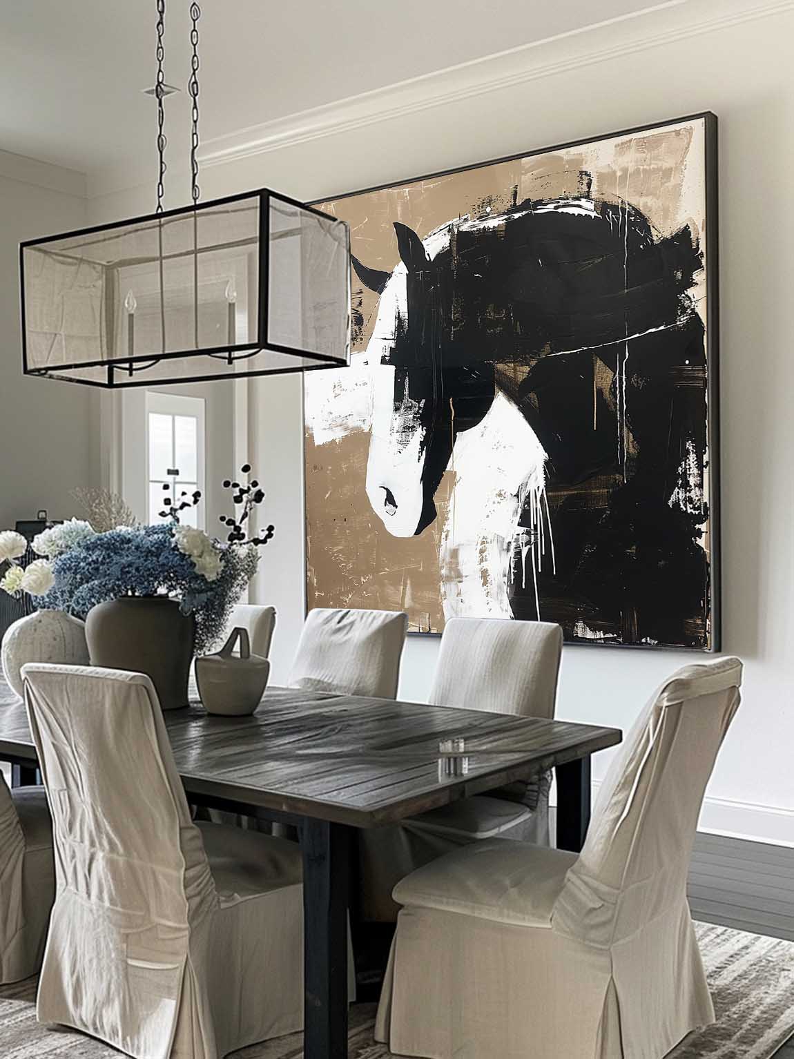 Original Vintage Black And White Horse Wall Art Retro Wabi Sabi Oil Painting Retro Neutral Decor