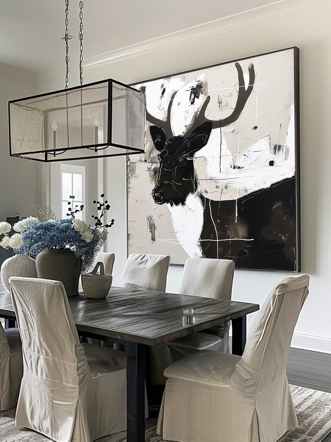 Vintage Black And White Abstract Deer Neutral Wall Art Acrylic Painting Vintage Canvas Wall Art Large Neutral Decor