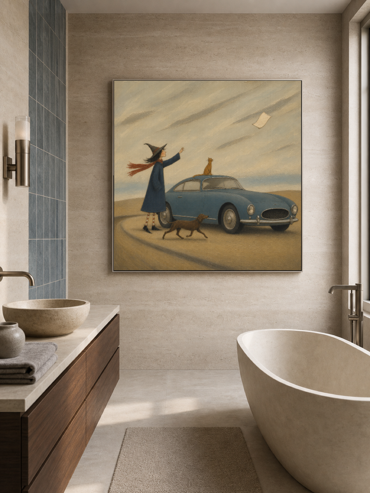 Whimsical Storybook Painting With Vintage Car And Witch For Unique Home Decor