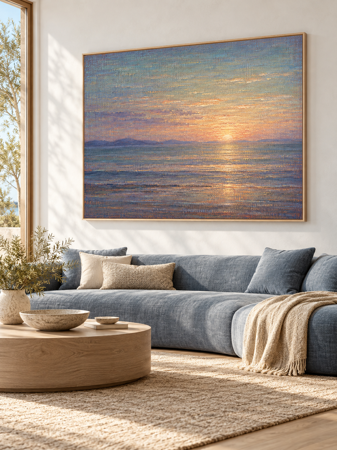 Hand-Painted Sunset Seascape Canvas Art With Golden Reflections On Blue Ocean