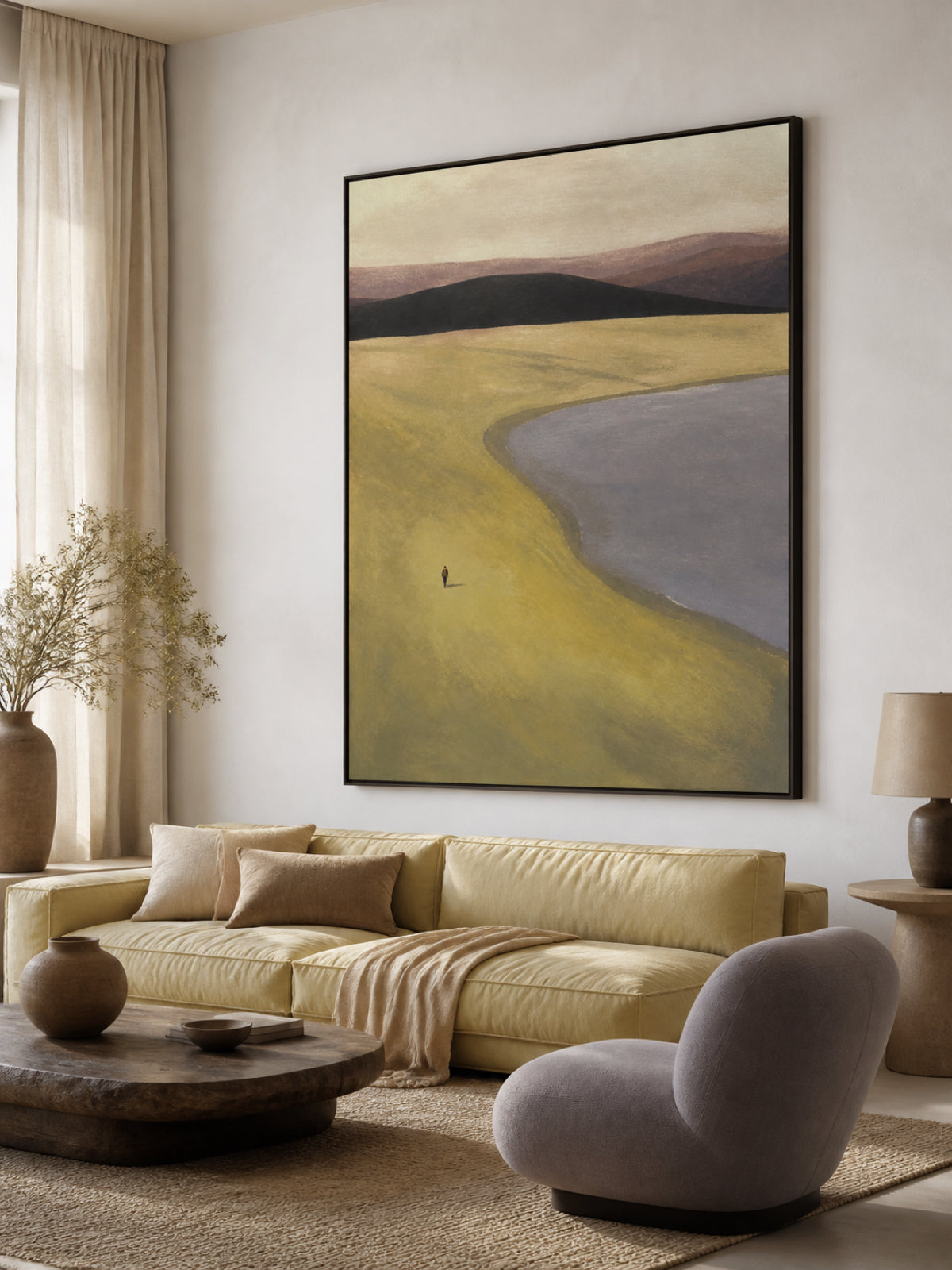 Olive Green Lakeside With A Lone Walker And Distant Hills Framed Painting
