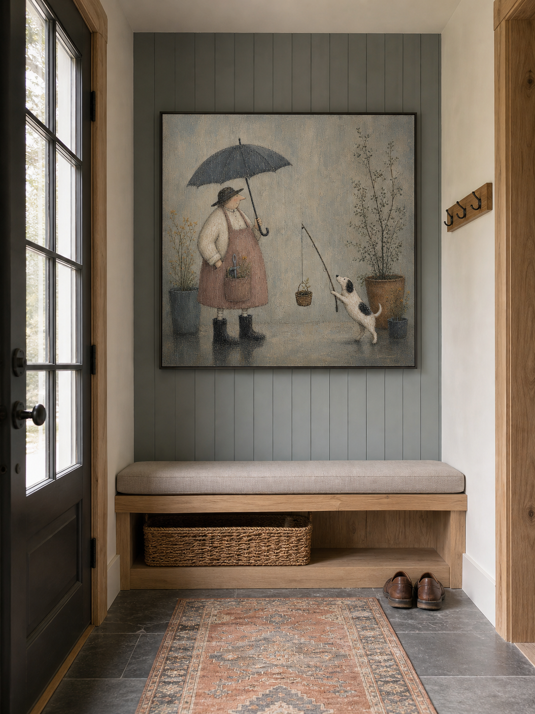 Vintage Hand-Painted Rainy Garden Dog Wall Art Whimsical Cottage Painting