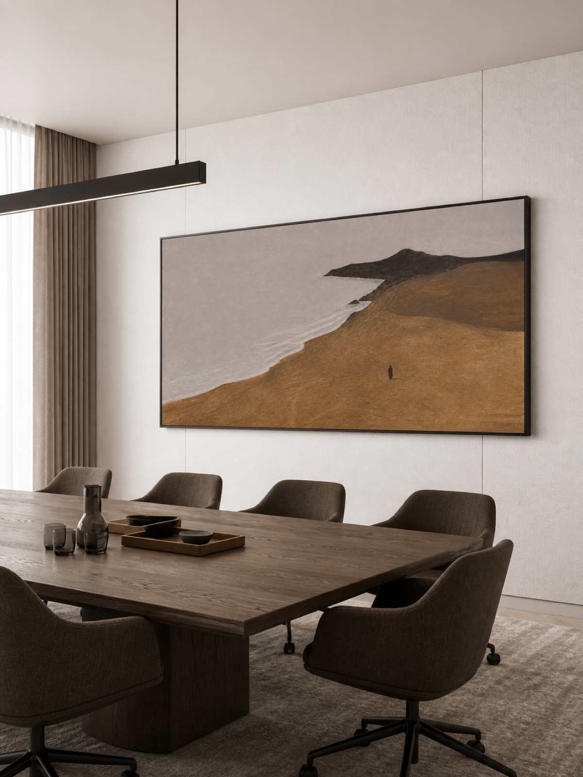 Solitary Figure Coastal Landscape Hand-Painted Canvas Art In Taupe And Silver