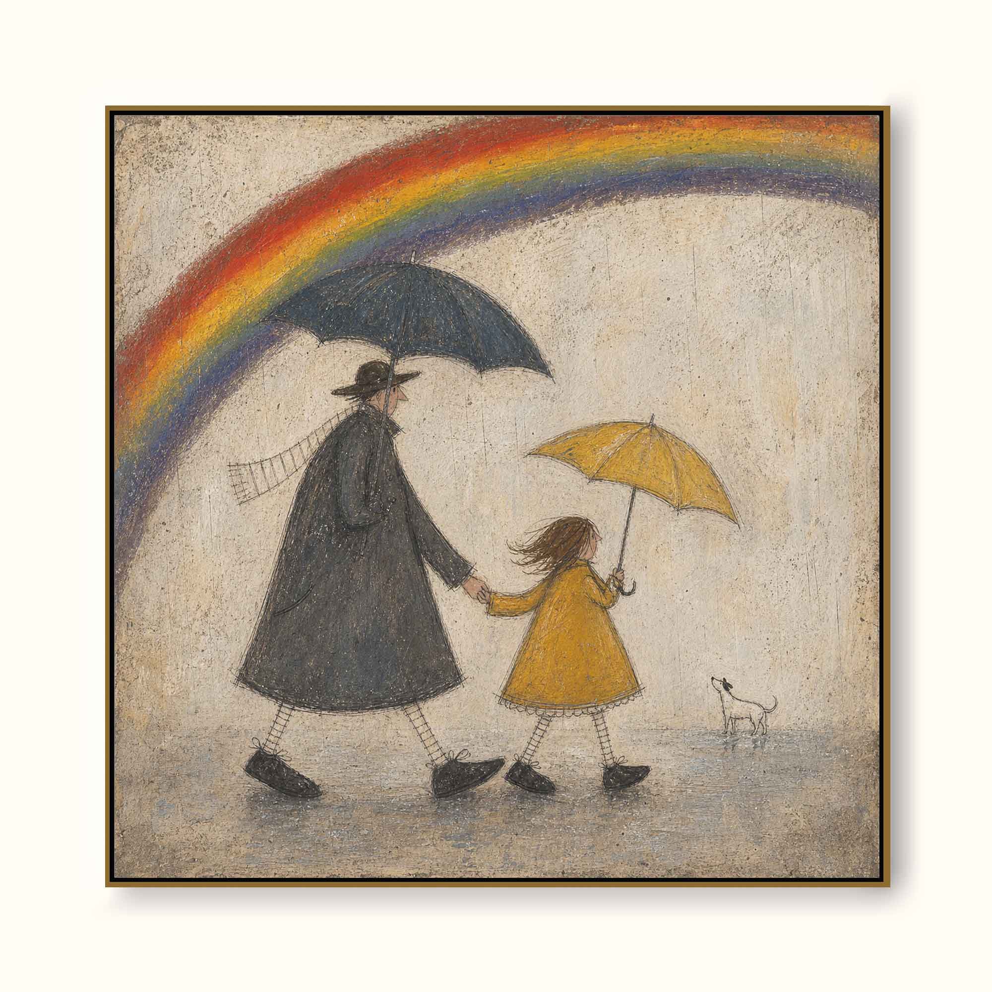 Original Handmade Painting Father And Daughter In Rain Minimalist Wall Art