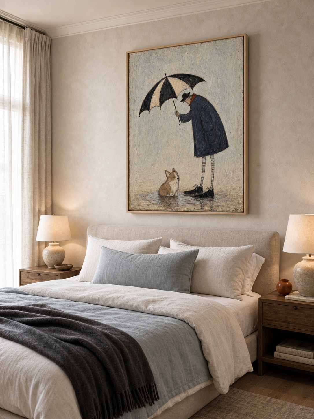 Whimsical Rainy Day Man And Corgi Dog Original Oil Painting For Home Wall Decor