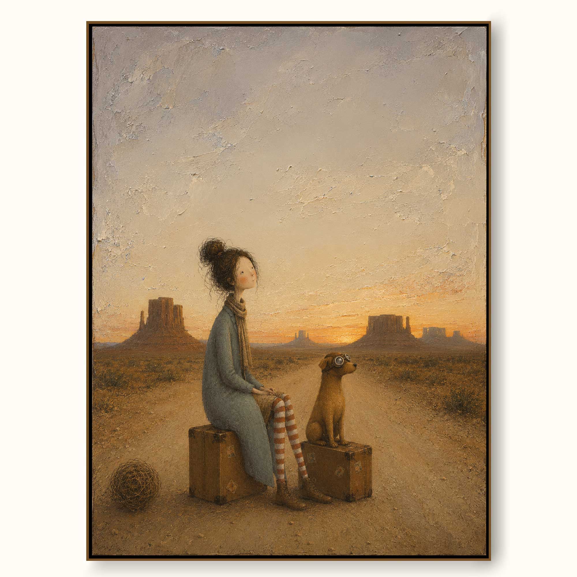 Whimsical Southwestern Desert Travel Art With Girl And Dog For Living Room Wall Decor