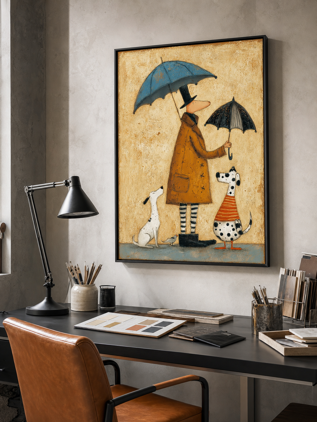 Vintage Whimsical Oil Painting Of Man With Dogs And Umbrellas In Retro Style For Home Decor