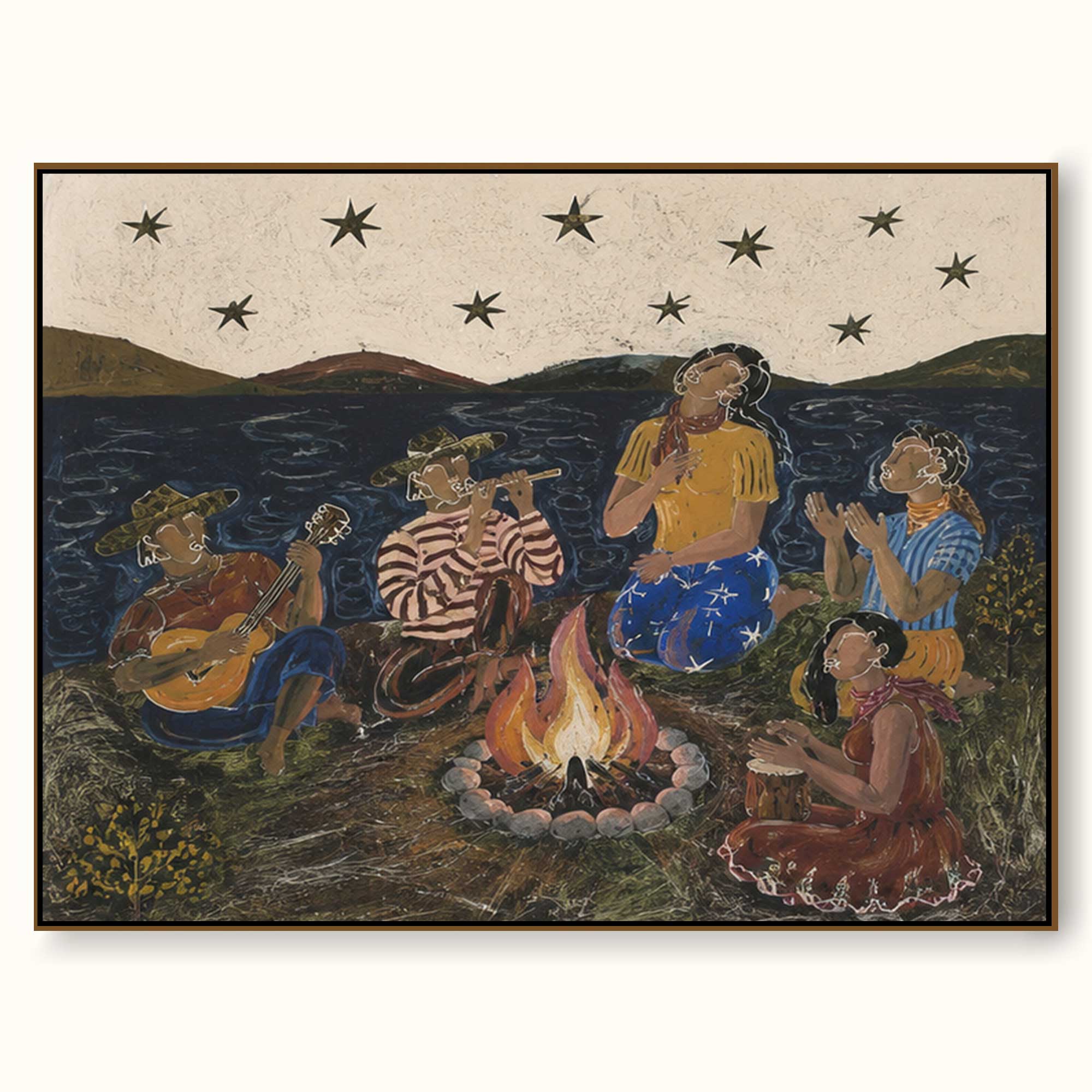 Large Original Vintage Boho Oil Painting Folk Musicians And Figures Wall Art