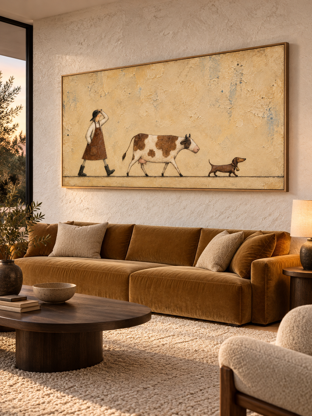 Minimalist Cow And Dachshund Painting Whimsical Rural Life Canvas Wall Art Artwork