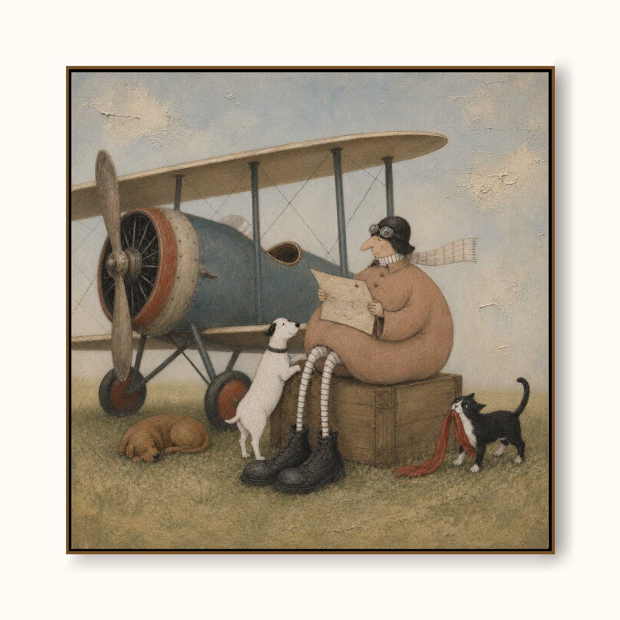 Blue Biplane Whimsical Pilot Original Surrealist Painting Vintage Airplane Art