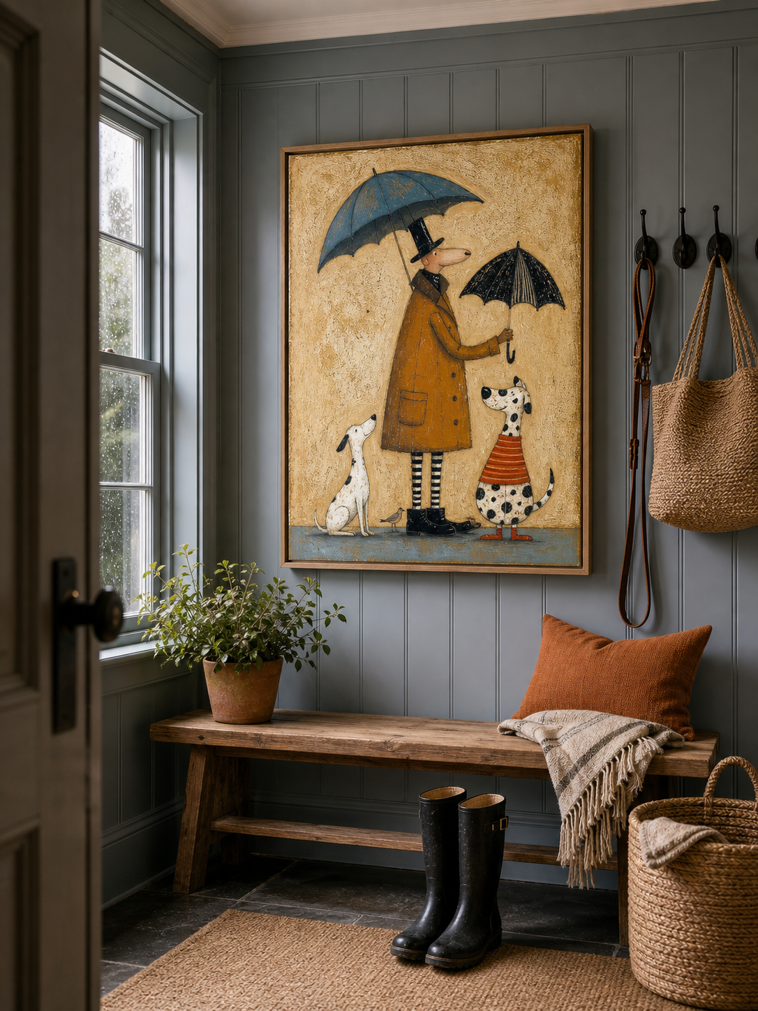 Vintage Whimsical Oil Painting Of Man With Dogs And Umbrellas In Retro Style For Home Decor