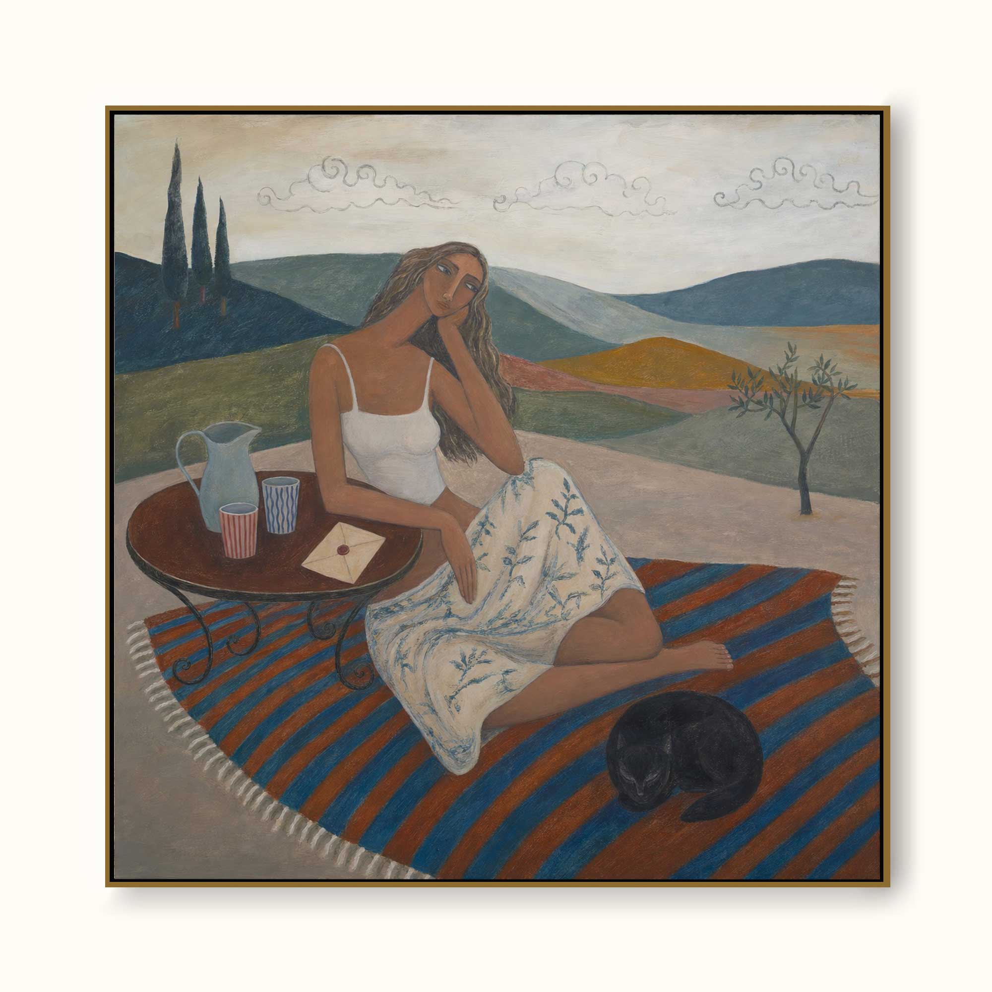 Mediterranean Vintage Oil Painting Of Woman In Countryside With Cat And Blue Rug