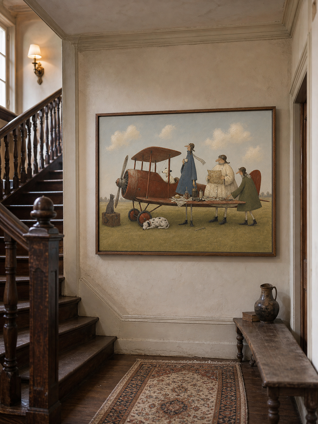 Vintage Airplane Picnic Painting Original Wall Art For Living Room Travel Theme Decor