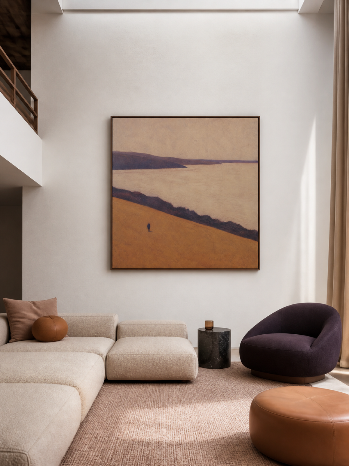 Large Warm Neutral Coastal Landscape With A Lone Traveler Framed Painting