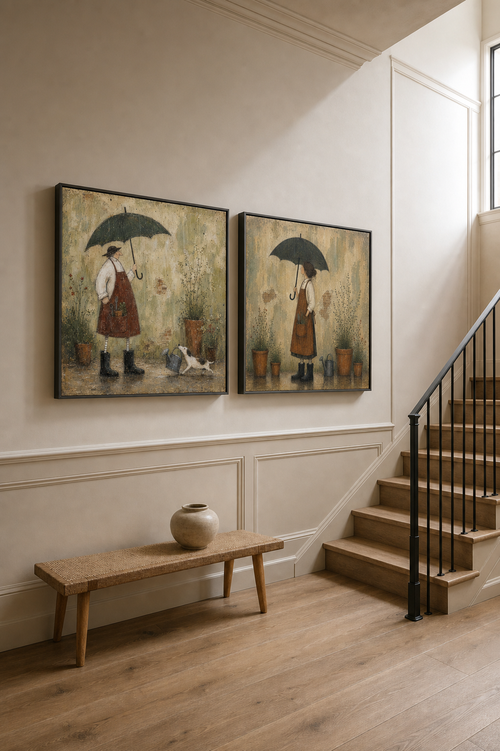 English Garden Diptych Wall Art Square Framed Oil Painting Set For Rustic Living Room Design