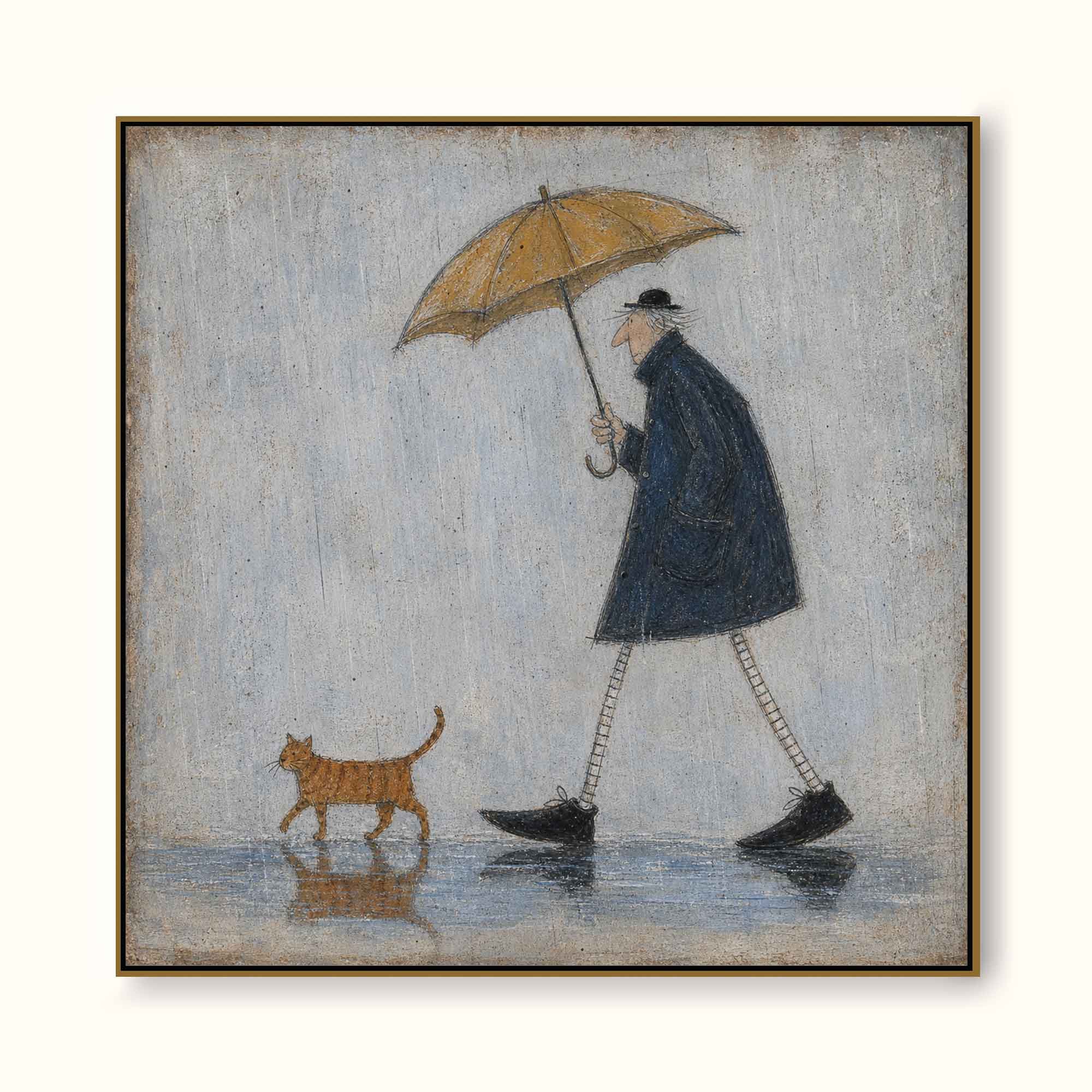 Vintage Cat And Man Painting With Umbrella In Rain For Cozy Home Decor