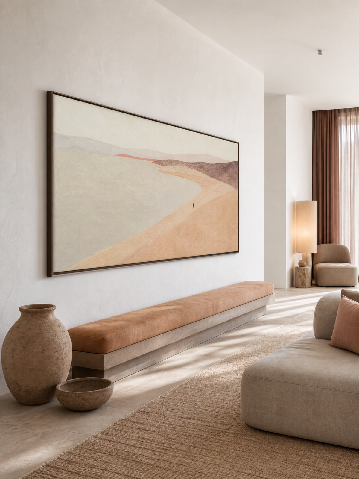 Large Pastel Shoreline Lone Figure Walking Along The Quiet Bay Canvas Art