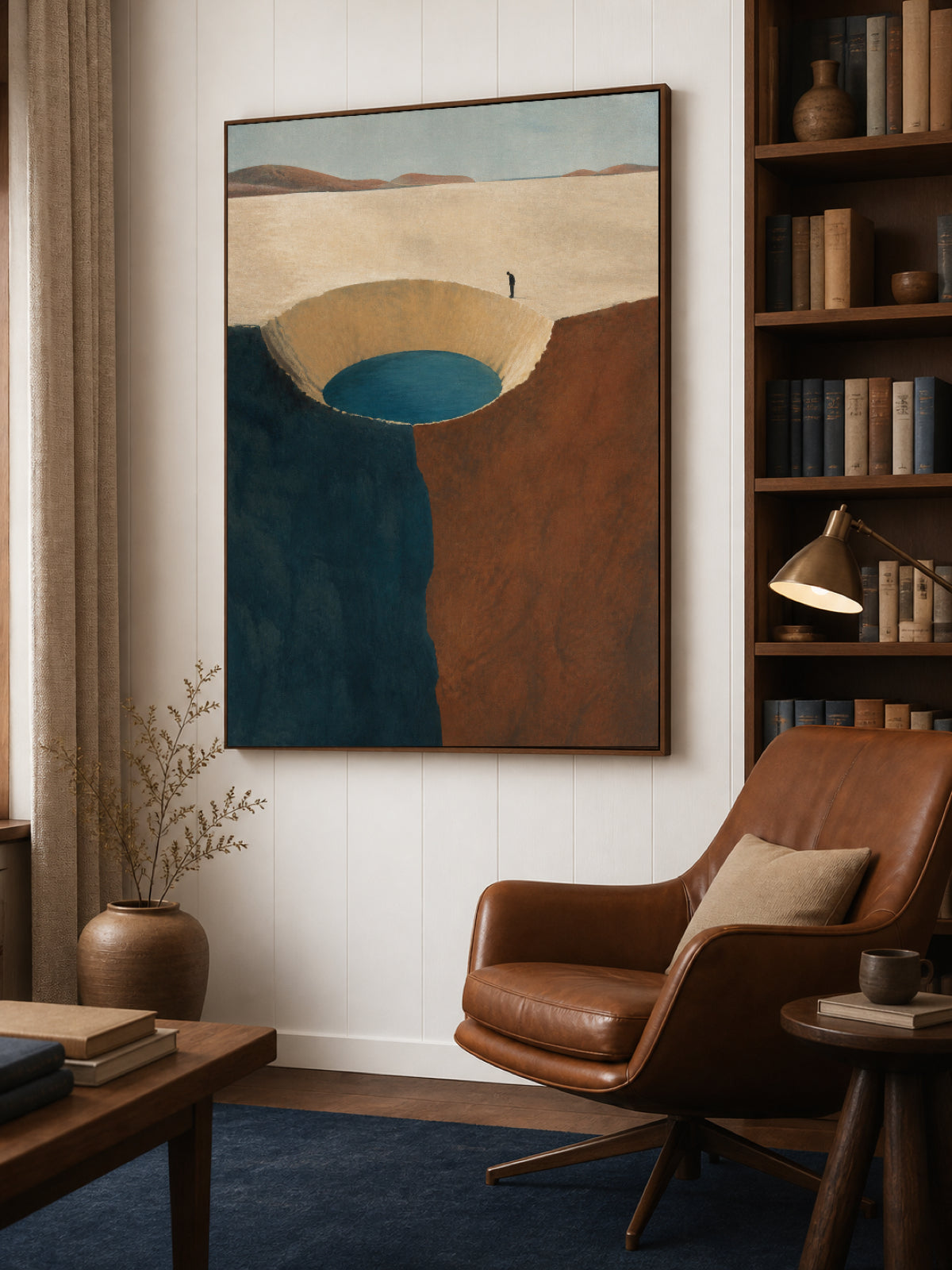 Volcanic Crater Lake Painting With Lone Explorer Hand-Painted Wall Art