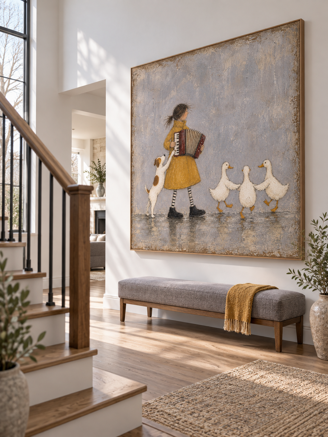 Girl With Accordion And Ducks Hand-Painted Canvas Art In Yellow And Grey