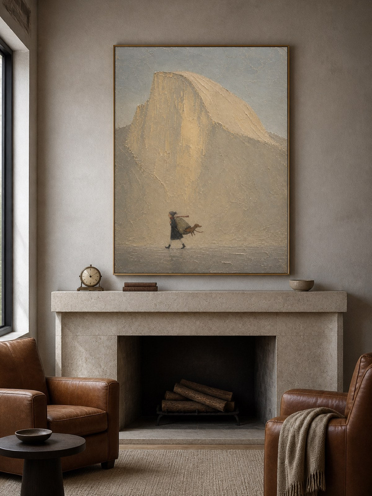 Vintage Traveler And Dog Canvas Painting With Textured Mountain